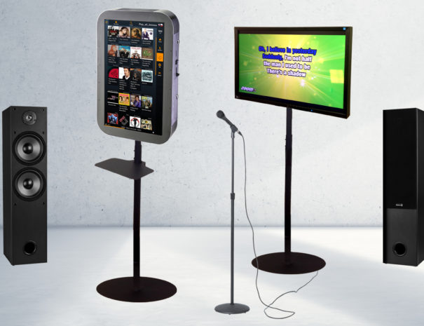Jukebox karaoke set with external screen, microphone and audio system for rent.
