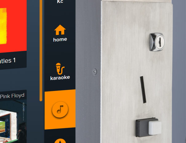 Stainless steel side of our touchscreen jukebox with coin acceptor