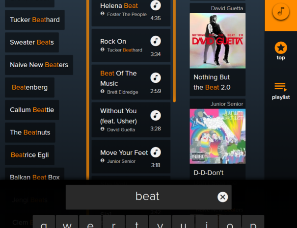 Demonstration of smart search for audio tracks on the jukebox. Display by artists, albums and tracks.